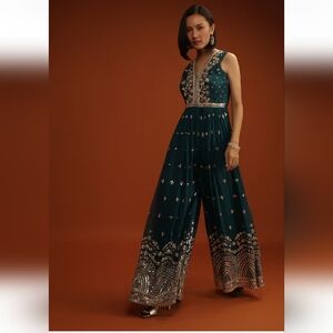 Deep Teal Blue Jumpsuit with Zari And Sequins Embroidered Buttis